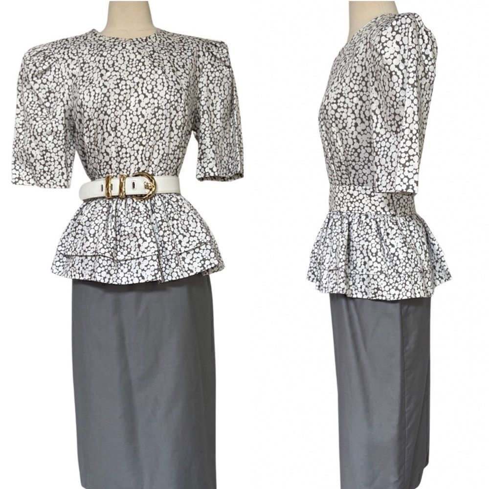 Flattering Vintage 80s Structured Peplum Polka Dot Contrast Dress